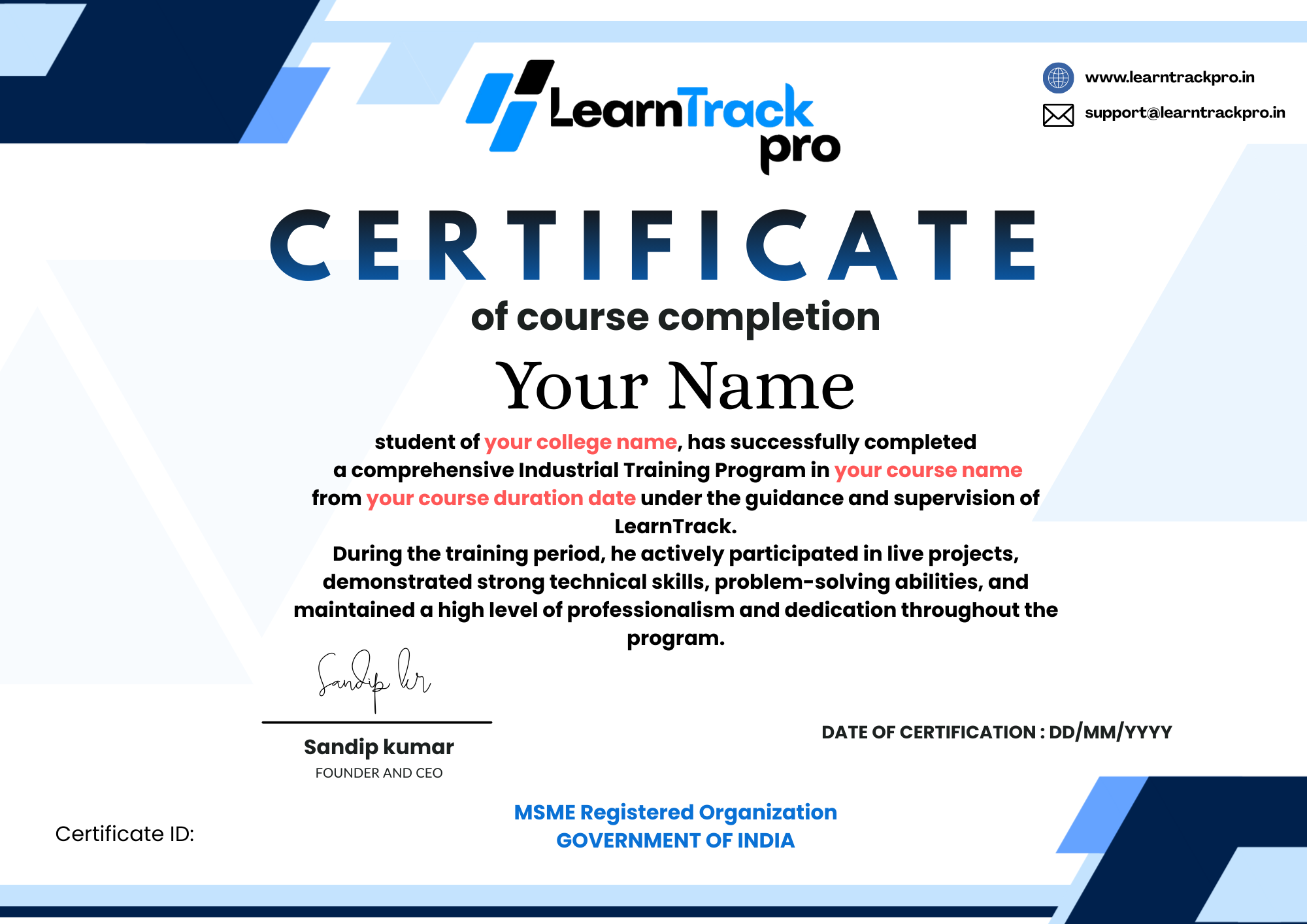 LearnTrack Sample Certificate
